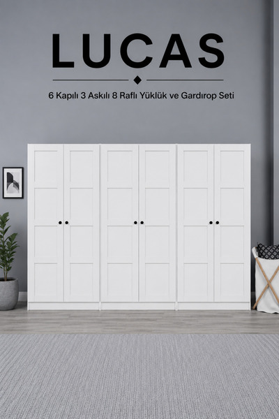 midoser Lucas 6 Kapaklı 3 Askılı 8 Raflı Yüklük ve Elbise Dolabı Seti - Mat B...