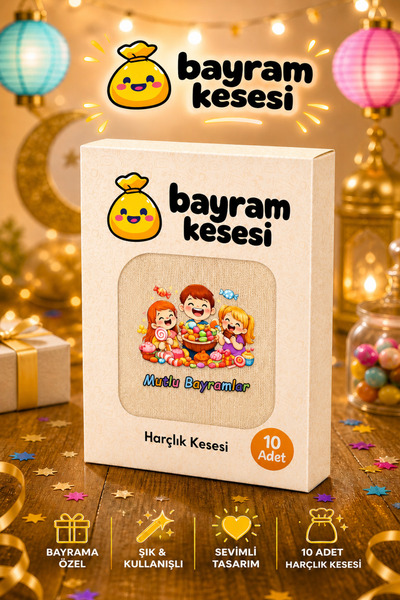 Yaprak Hediyelik Bayram Harçlık Kesesi 10'lu– Baskılı Ham Bez Bayram Kesesi, Çocuklar İçin Bayram Hediyesi