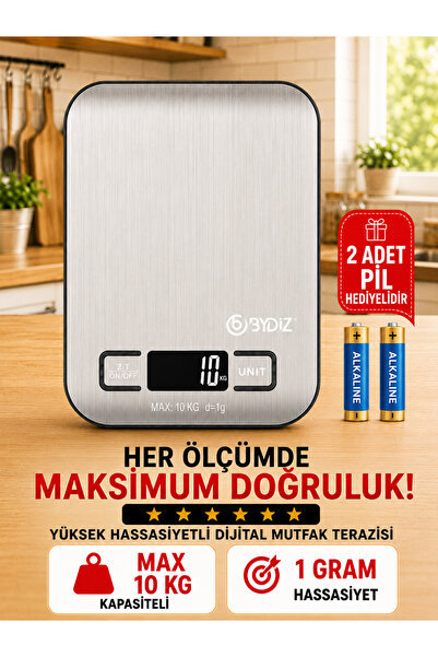 bydiz Dijital Mutfak Terazisi 10 Kg 1 Gr Hassas Mutfak Tartısı Paslanmaz Çeli...