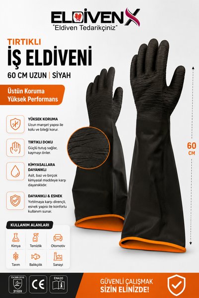 Medicalx Korun Tırtıklı 60 cm Uzun Siyah İş Eldiveni / 1 ÇİFT