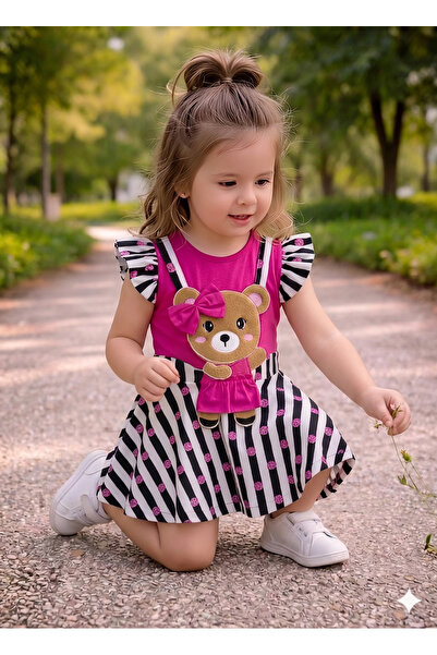 Kısmet baby Kız Çocuk Ayıcık Detaylı Salopet Elbise T-Shirt Takım