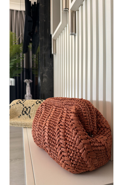 WOMANBAG EL YAPIMI BÜYÜK BOY HASIR CLUTCH EL ÇANTASI TABA RENK 4(0x21cm)