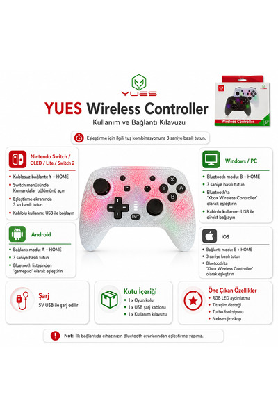 YUES Switch Pro Controller | Işıklı Oyun Kolu – Switch / Switch Lite / OLED /...