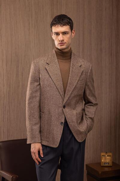 Antioch Brown Slim Fit Herringbone Patterned Men's Blazer Jacket