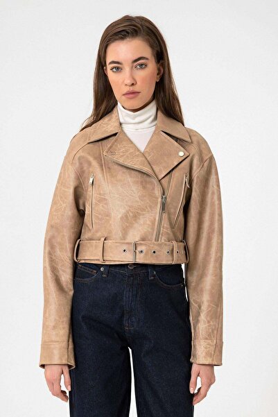 Antioch Bej Kadın Suni Deri Crop Biker Ceket Beden: S