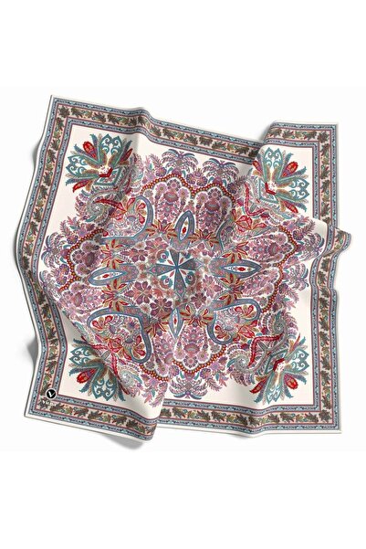 VİOLLA Kristal Şal Desenli Beyaz Renkli 90x90 Eşarp (İpek İçermez) Dikim Şekl...
