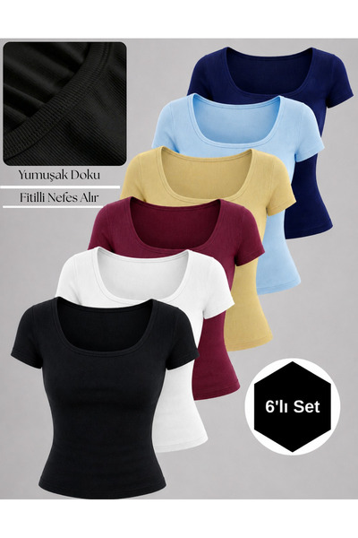 NERTH STYLE Set de 6 bluze din bumbac cu mâneci scurte și decolteu în formă d...