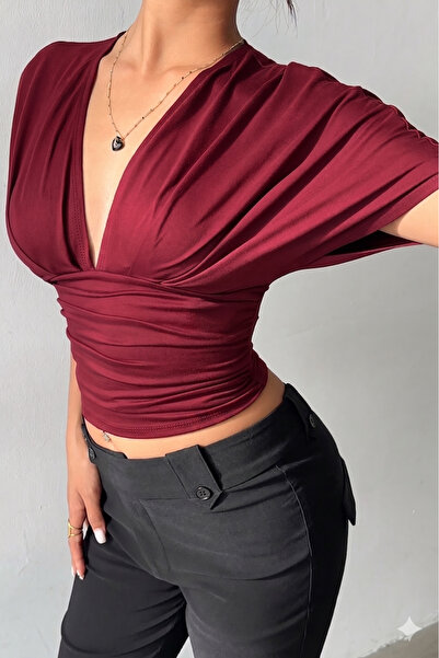 TwillCollection V Yaka Dekolteli Yarasa Kol Bordo Kadın Bluz