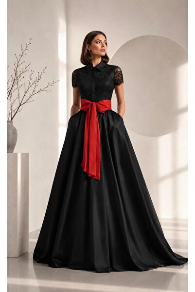SERAVENZA COUTURE Maxi Boy Kısa Kollu Dantel Kaplamalı Eteği Tafta Şık Davet ...