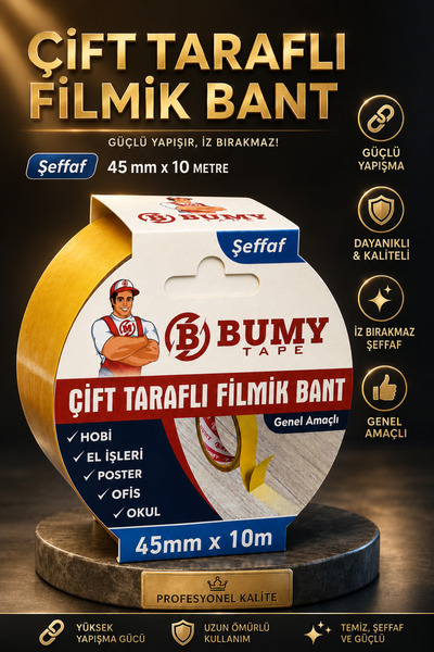 BUMY Çift Taraflı Şeffaf Filmik Bandı 45 mm x 10 METRE Güçlü Yapışkanlı Genel...