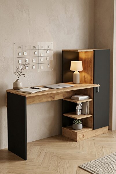 Luke 152cm Laptop Desk with Bookshelf and Shelf Atlantic Pine Black Lk2-ab