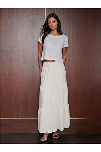 WeShaya Cream Ayrobin Flexible Textured Elastic Waist Flat Form Long Skirt 80...