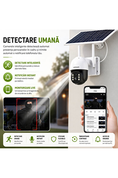 Loosafe Camera Supraveghere Solara WIFI Guarian Angel TQ5+, Exterior, Rotire, Negru
