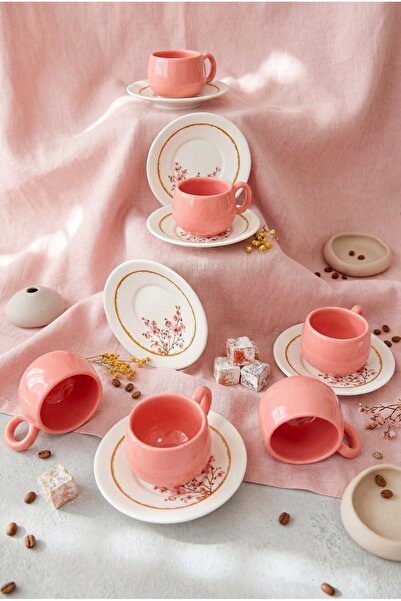 Erbaşlar Pembe Tombul Sakura 12 Parça 6 Kişilik Lüx Seramik Kahve Fincan Takımı