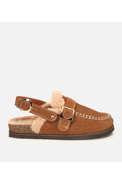 Hotiç Women's Suede Leather Tan Fur Inside Sabo Slippers