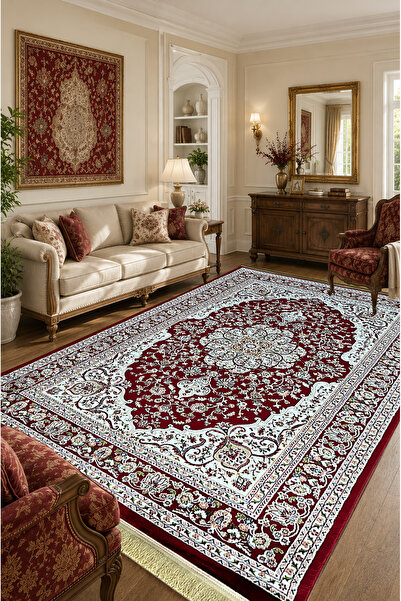 4 Square Meters - 6 Square Meters Modern Living Room Rug Soft Texture Antiallergic Silk Red