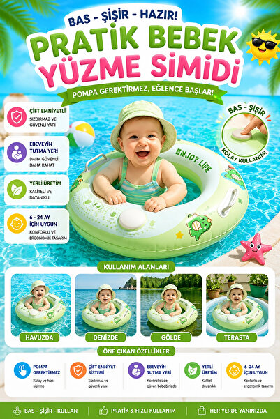 BigsToy Bebek Yüzme Simidi Bas Şişir Pratik Ebeveyn Tutma Yerli Çift Emniyetl...