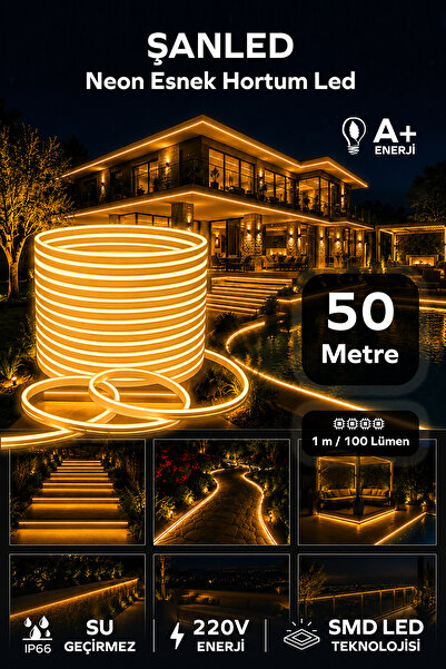 ŞANLED NEON Esnek Hortum Şerit Led Amber rengi + 220V Fiş/2,3,4,5,10,15,20,25...