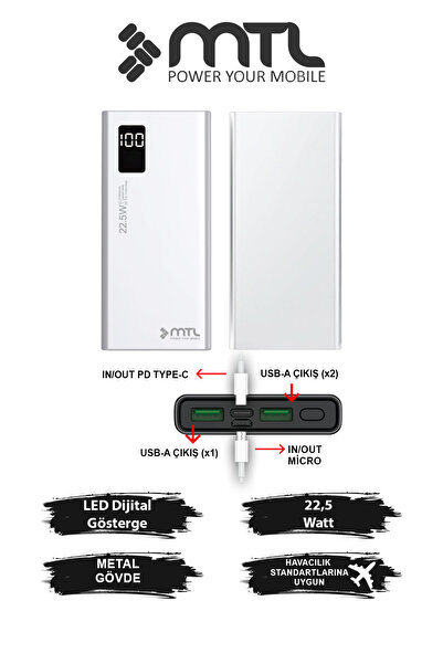 MTL 20000 mAh 22.5W Turbo Şarj Dahili Kablolu Led Göstergeli PD ve QC 3.0 Pow...
