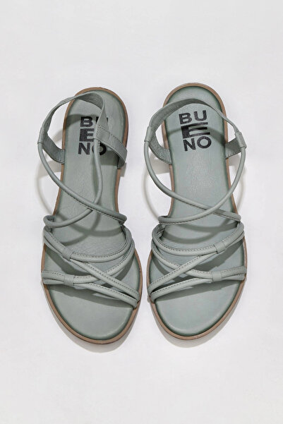 Bueno Shoes Μπλε δερμάτινα γυναικεία φλατ σανδάλια 01wu3004