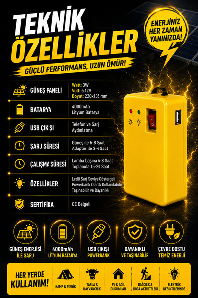 nelerbulurum PANELLİ SOLAR LAMBA 3 AMPULLÜ POWERBANK ÖZELLİKLİ ŞARJ SEVİYE GÖSTERGELİ AKÜLÜ SOLAR IŞILDAK FENER