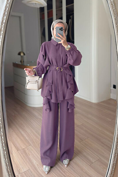 Frill Detailed Belted Suit - Damson