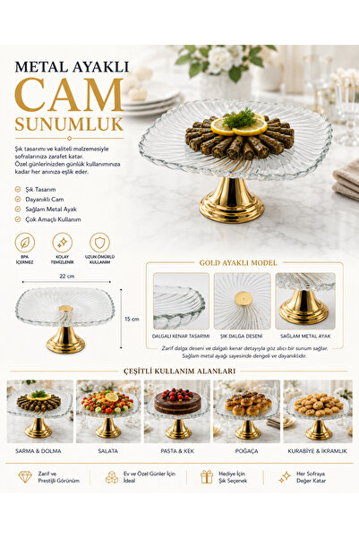 Fiyakalı Ürünler Atölyesi 2'li Gold Ayaklı Kare Cam Sunumluk, Sarma, Dolma, S...