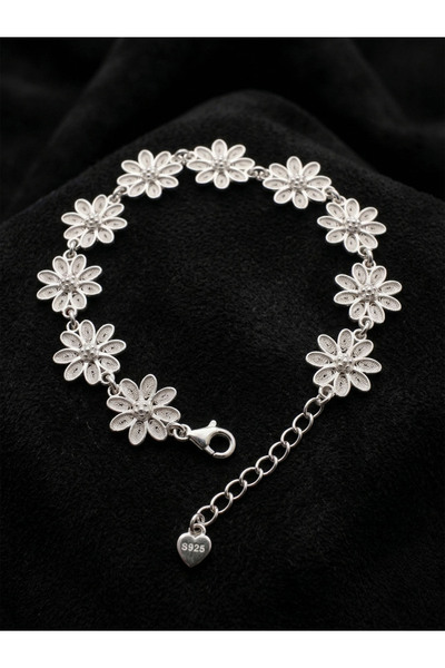 Roza Silver 925 Ayar Geleneksel Telkari Elişi Papatya Motifli Sıralı Gümüş Bi...