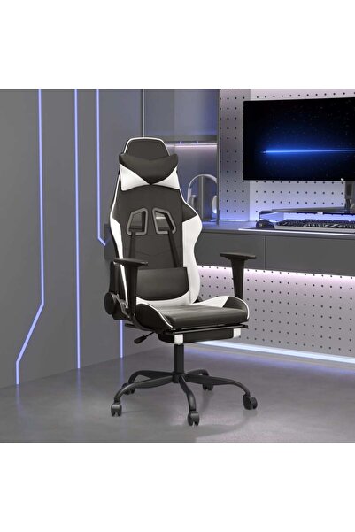 Concept Scaun de gaming cu suport picioare, negru/alb, piele ecologică