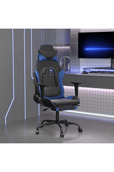 Concept Scaun de gaming cu suport picioare, negru/albastru, piele