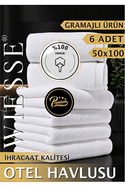 WİESSE 6 ADET - OTEL HAVLUSU / 50x90 cm / PREMIUM KALİTE / BEYAZ - %100 PAMUK...