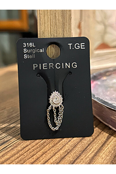 Mimoza Accessories Çelik Tragus Küpe Zirkon Taşlı Zincirli – Gümüş Renk Minim...