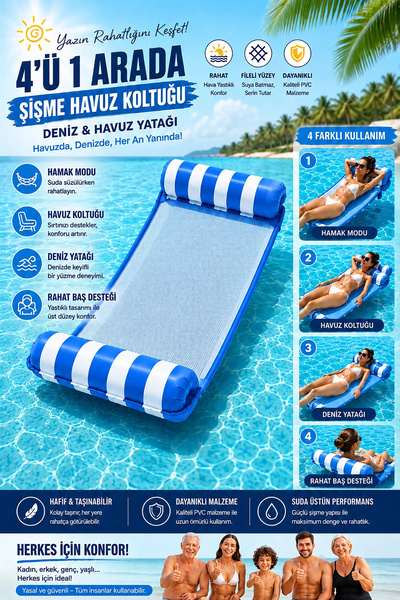 yumurcakstore Şişme Havuz Hamağı Fileli Havuz Koltuğu 4'ü 1 Arada Deniz Ve Ha...