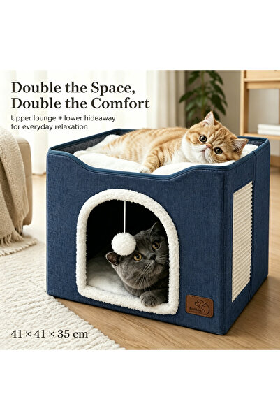 BESTONE 3 Colors Foldable Cat House 2-in-1 Cat Bed with Scratching Board Comf...