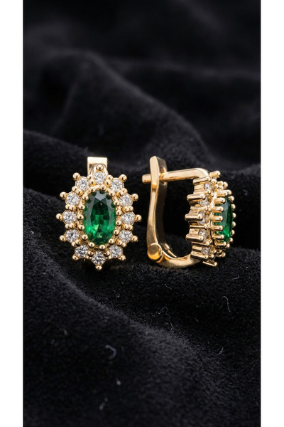 Roza Silver 925 Ayar Gümüş Zümrüt Taşlı Gold Oval Çocuk Küpesi