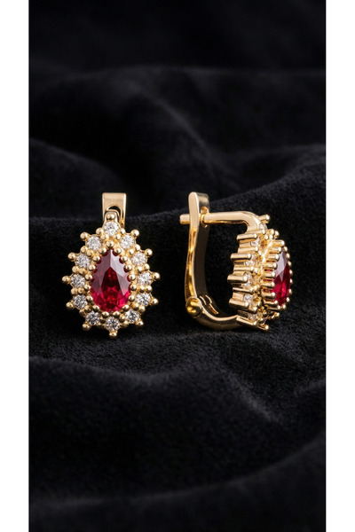 Roza Silver 925 Ayar Gümüş Yakut Taşlı Gold Damla Çocuk Küpesi