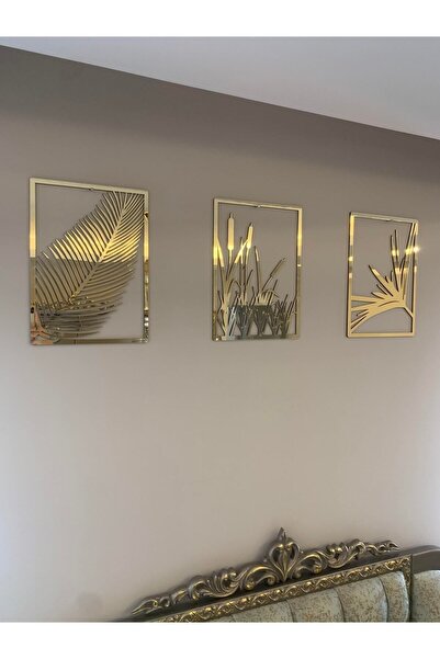 Numa Concept Tablo 3'lü Aynalı Gold Pleksi Yaprak Ve Sazlık Salon Ofis Ve Antre İçin Duvar Dekoru | 30x24 Cm