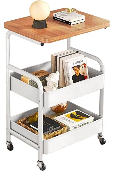 Ch 2 Shelves White Iron Stand with Wooden Table with Wheels