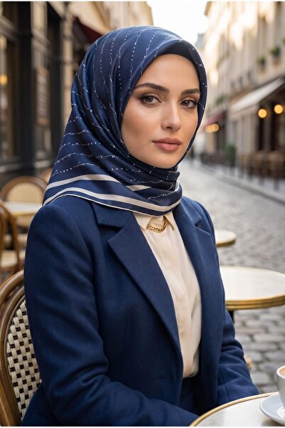 Vissona %100 Twill İpek El Yazısı Vissona Desenli İndigo Renkli Daha Tok Excl...