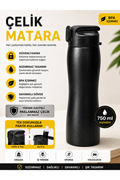 VENETTO Çelik Matara Pipetli 750 ml siyah