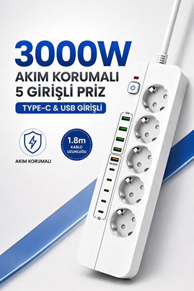 Seyoni PRO P13 3000W Akım Korumalı 5 Girişli Type-c ve USB Girişli Uzatmalı G...