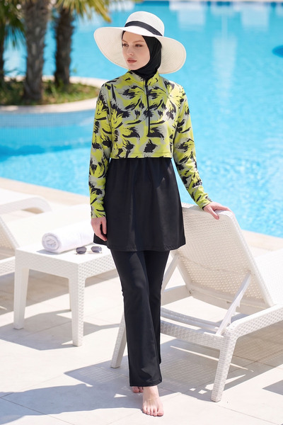 InStyle 4 Parçalı Soyut Desen Siyah Tesettür Mayo