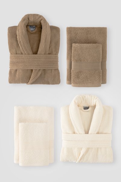 Ellaline 6 Piece Striped Bathrobe Set 100% Cotton Certified, Shalyaka Family Dowry Bathrobe Set Brown Cream