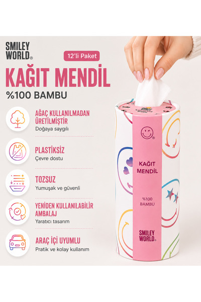 smileyworld® x olife Kağıt Mendil 12’li SmileyWorld® %100 Bambu Silindir – Ar...