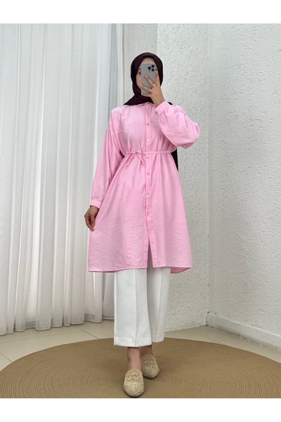 BENAHOLL Marira Büzgülü Bağcıklı Uzun Çilek Gömlek-PE262 Pembe
