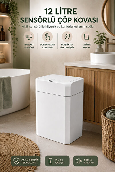 clasavm Hareket Sensörlü Akıllı Çöp Kovası - 12 Lt Kapaklı Mutfak/Banyo Çöp K...