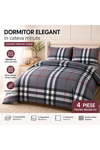 iTin Premium satin cotton bed linen, 4 pieces, 180x200 cm, gray plaid, comfor...