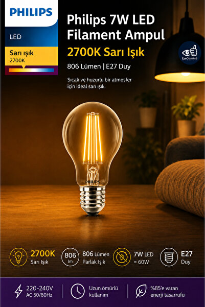 Philips Rustik Philps Filament Ampul E27 7W 2700K Sarı Işık 806 Lümen