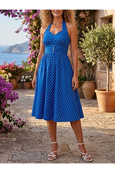 Iuliashop Rochie midi Christie albastră cu inimi albe - M