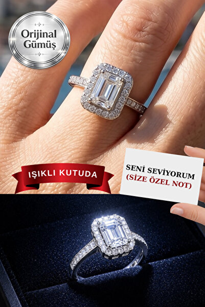 CARAT STONE Işıklı Kutuda Pırlanta Işıltılı Kadın Gümüş Baget Yüzük